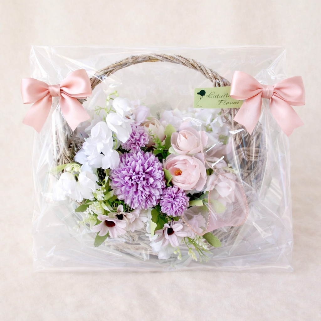 母の日ギフト・ふんわり花かごリース（カタリーヌフラワー）CA-602/size：約Φ23㎝(フルールちよさん)のメインイメージ